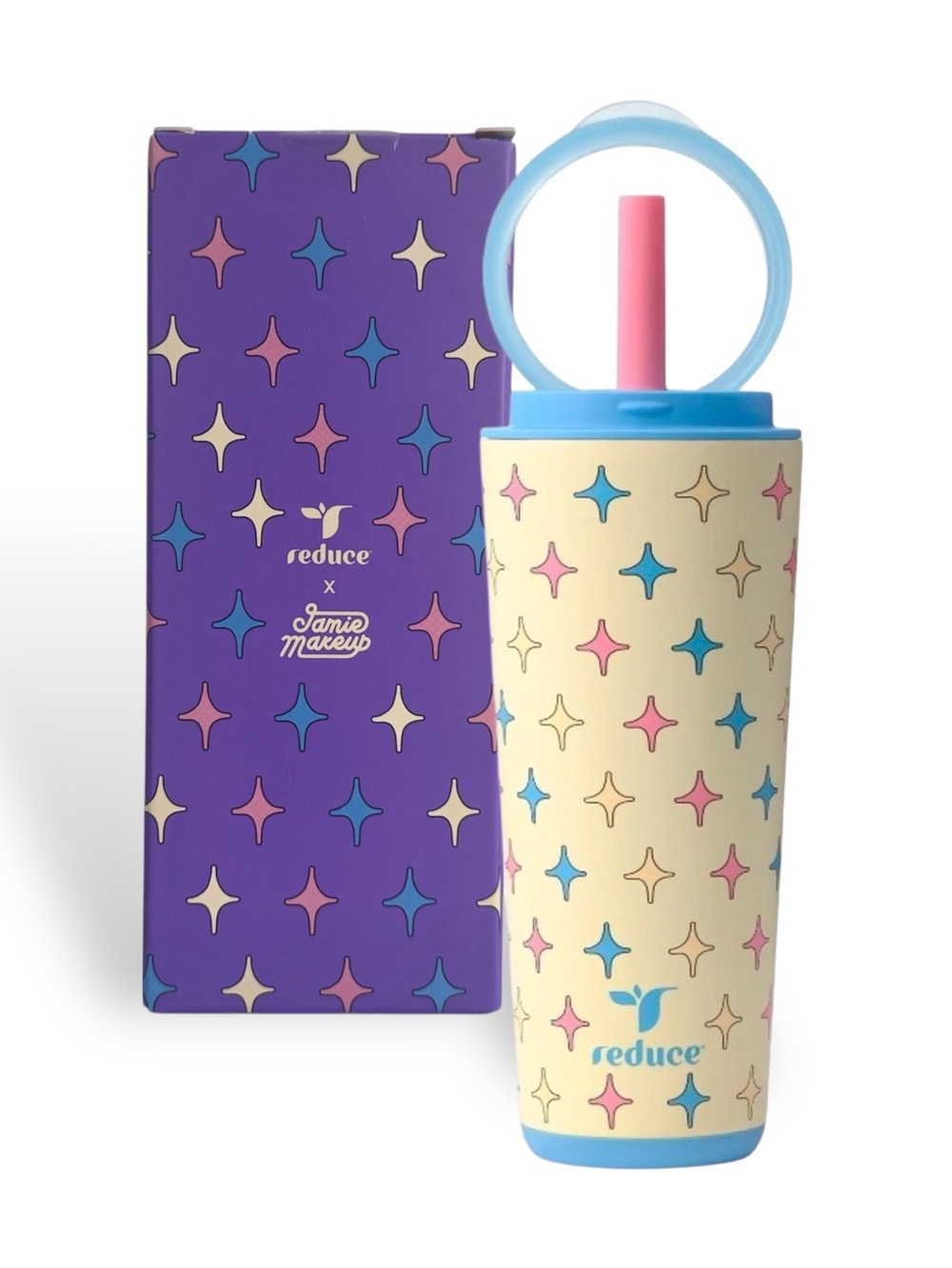 Reduce Jamie Makeup 22oz Tumbler Halo Pop-Up Handle Star Print Yellow NWT